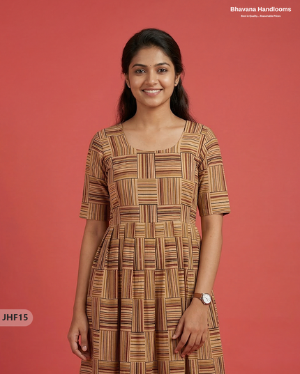 Kalamkari Design Frock – Brown & Multi Colour | Handloom Ethnic Wear with Half Lining