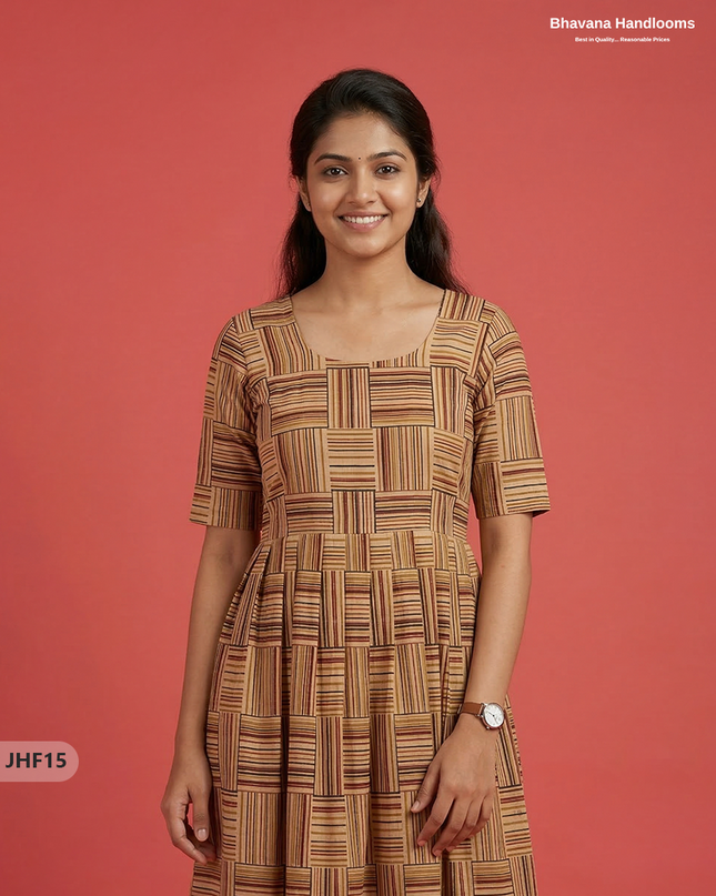 Kalamkari Design Frock – Brown & Multi Colour | Handloom Ethnic Wear with Half Lining