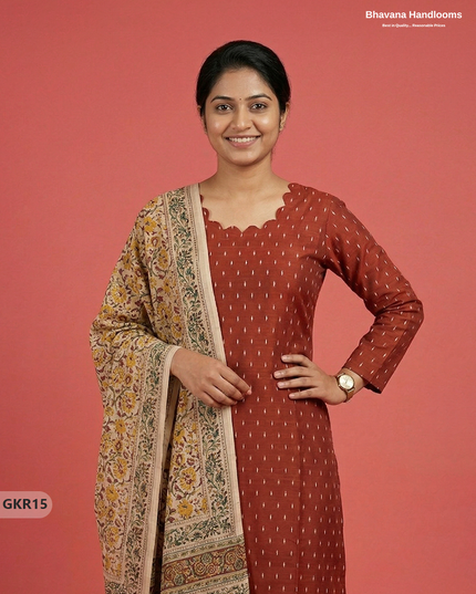 Raw Silk 3PC Kurti Set with Kalamkari Dupatta & Elastic Bottom in Orange Colour | Ethnic Wear