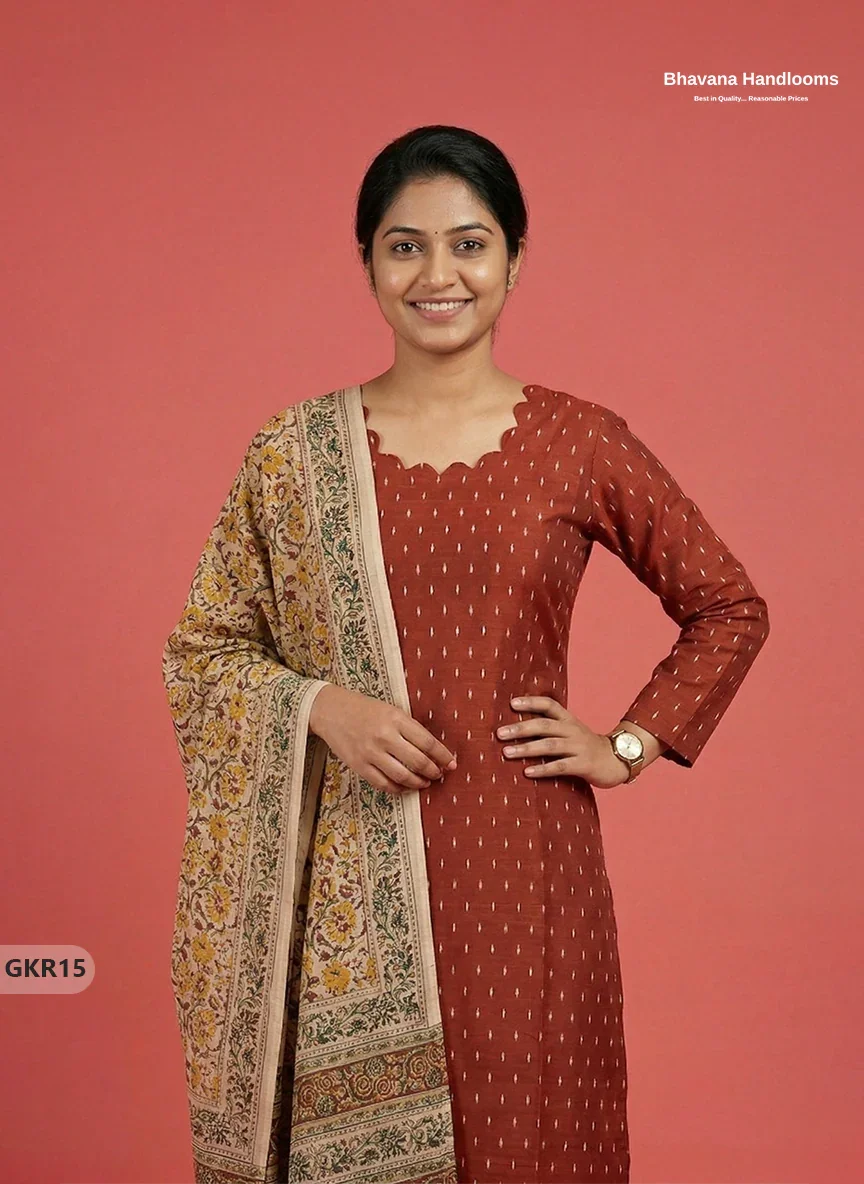 Raw Silk 3PC Kurti Set with Kalamkari Dupatta & Elastic Bottom in Orange Colour | Ethnic Wear
