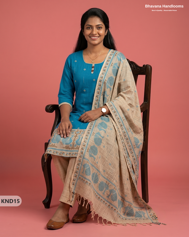 Designer Printed Cotton Floral 3PC Kurti Set in Peacock Blue Colour | Full-Length Lining | Ready-to-Wear