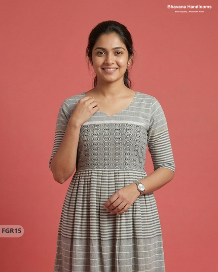 Summer Special Premium Cotton Handloom Frock with Woven Design | Half White Colour