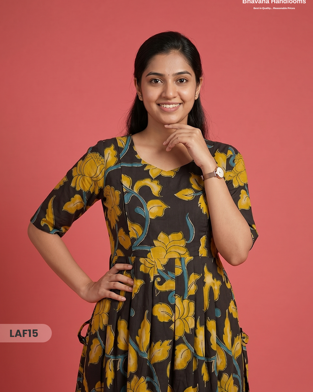 Feeding Frock with Kalamkari Design – Black Color | Invisible Zips | Half Lining Maternity Wear