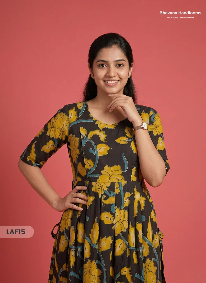 Feeding Frock with Kalamkari Design – Black Color | Invisible Zips | Half Lining Maternity Wear