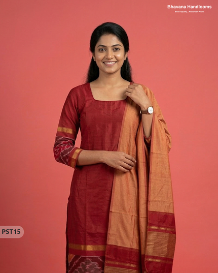 Pochampally Semi Pattu 3PC Kurti Set in Red Colour | Ready-to-Wear Ethnic Wear