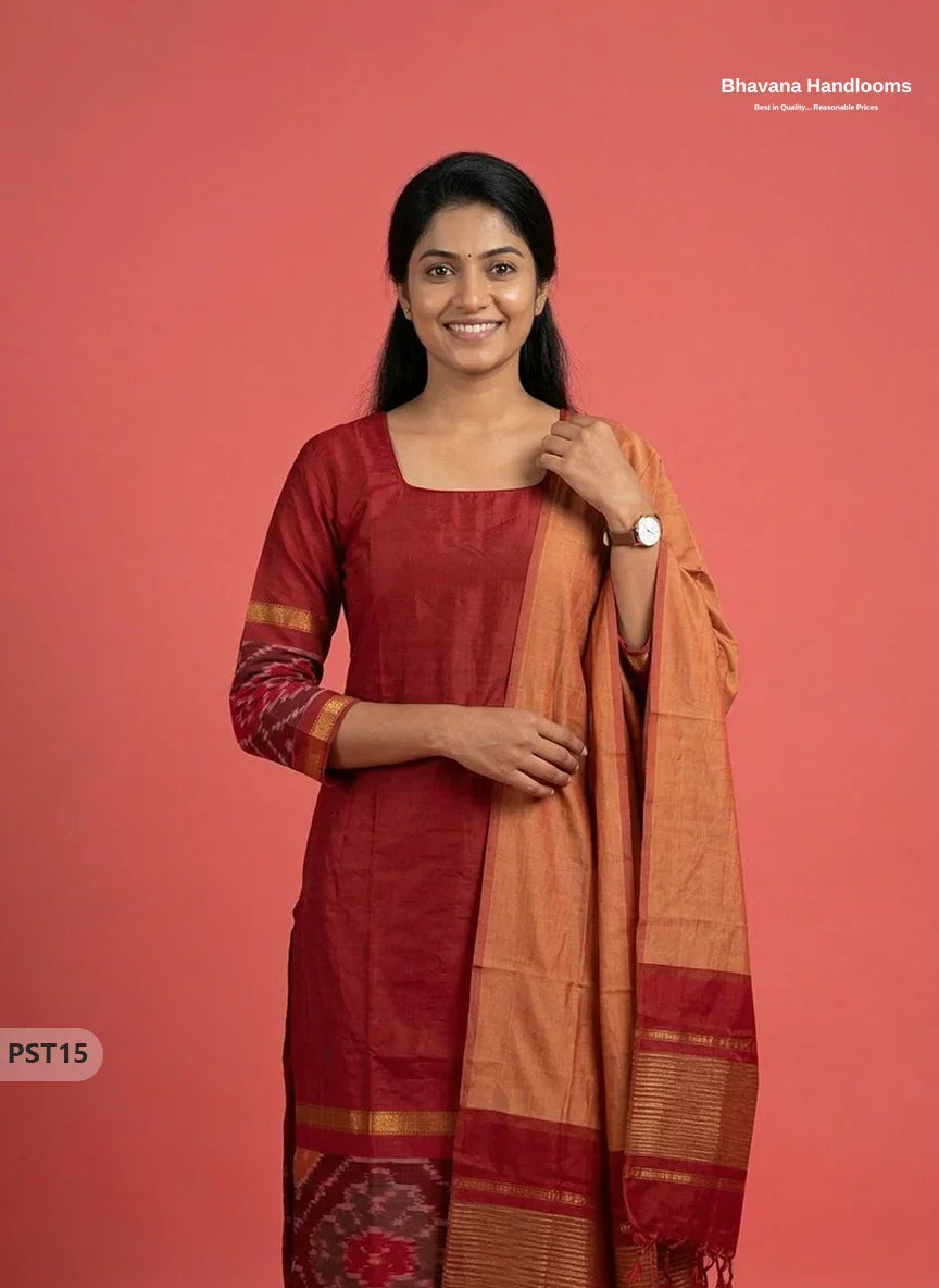 Pochampally Semi Pattu 3PC Kurti Set in Red Colour | Ready-to-Wear Ethnic Wear
