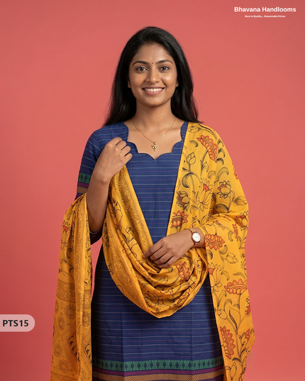 Jacquard 3PC Kurti Set in Royal Blue Colour with Designer Mustard Yellow Printed Dupatta and Elastic Bottom | Ready to Wea