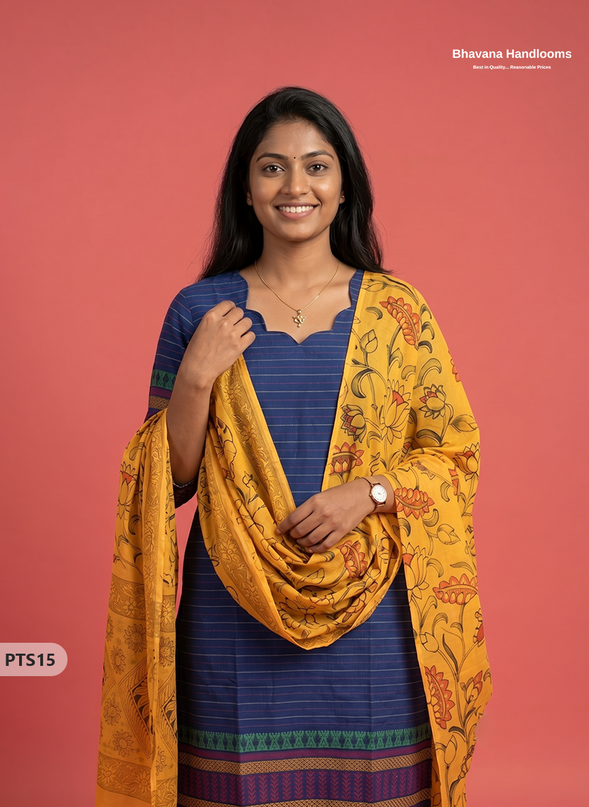 Jacquard 3PC Kurti Set in Royal Blue Colour with Designer Mustard Yellow Printed Dupatta and Elastic Bottom | Ready to Wea