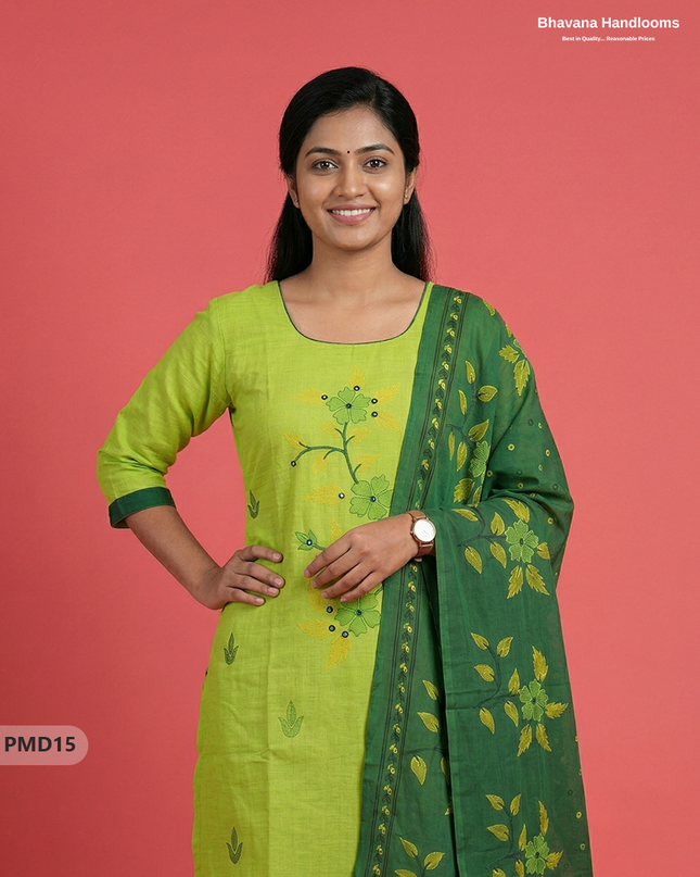 Ready-to-Wear Floral Print 3PC Kurti Set with Mirror Work | Parrot Green colour