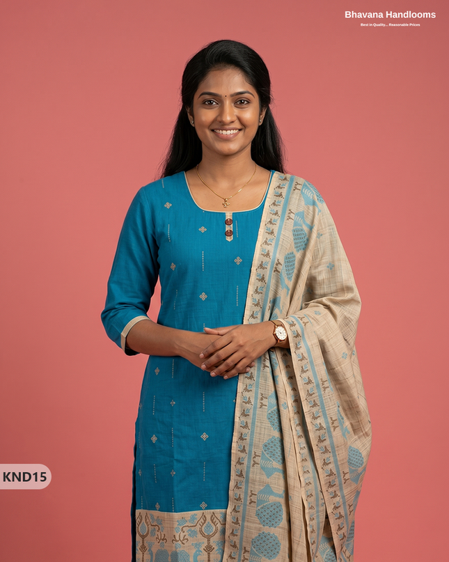 Designer Printed Cotton Floral 3PC Kurti Set in Peacock Blue Colour | Full-Length Lining | Ready-to-Wear
