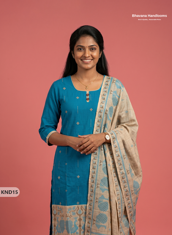 Designer Printed Cotton Floral 3PC Kurti Set in Peacock Blue Colour | Full-Length Lining | Ready-to-Wear
