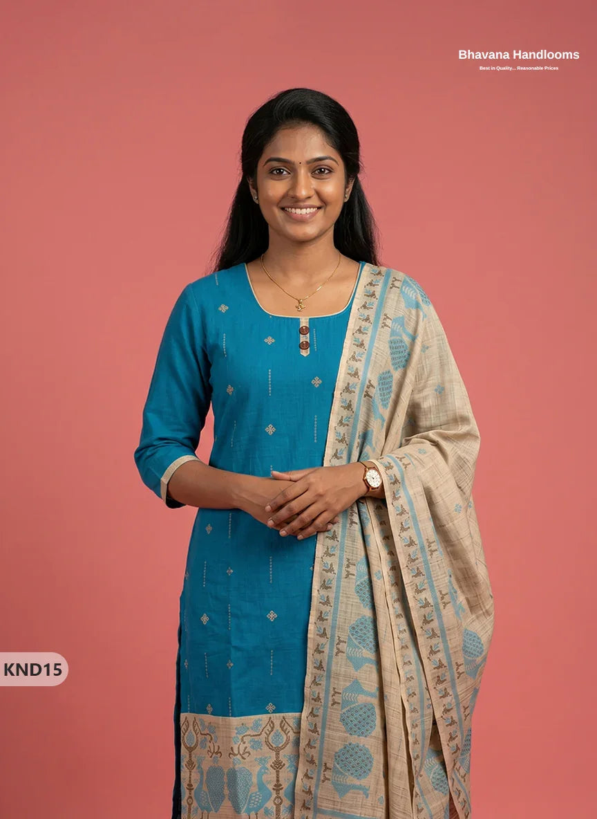 Designer Printed Cotton Floral 3PC Kurti Set in Peacock Blue Colour | Full-Length Lining | Ready-to-Wear