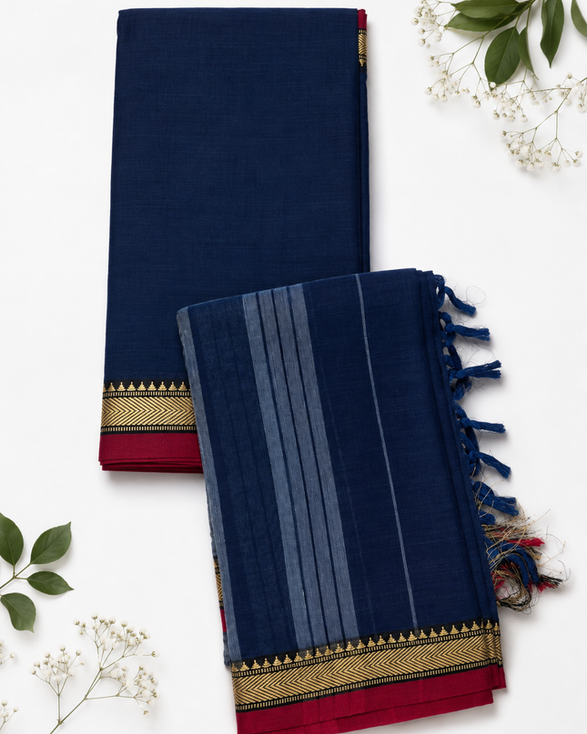 Traditional Wear Narayanpet Mercerised Cotton Dress Material with Navy Blue Colour | Woven Border