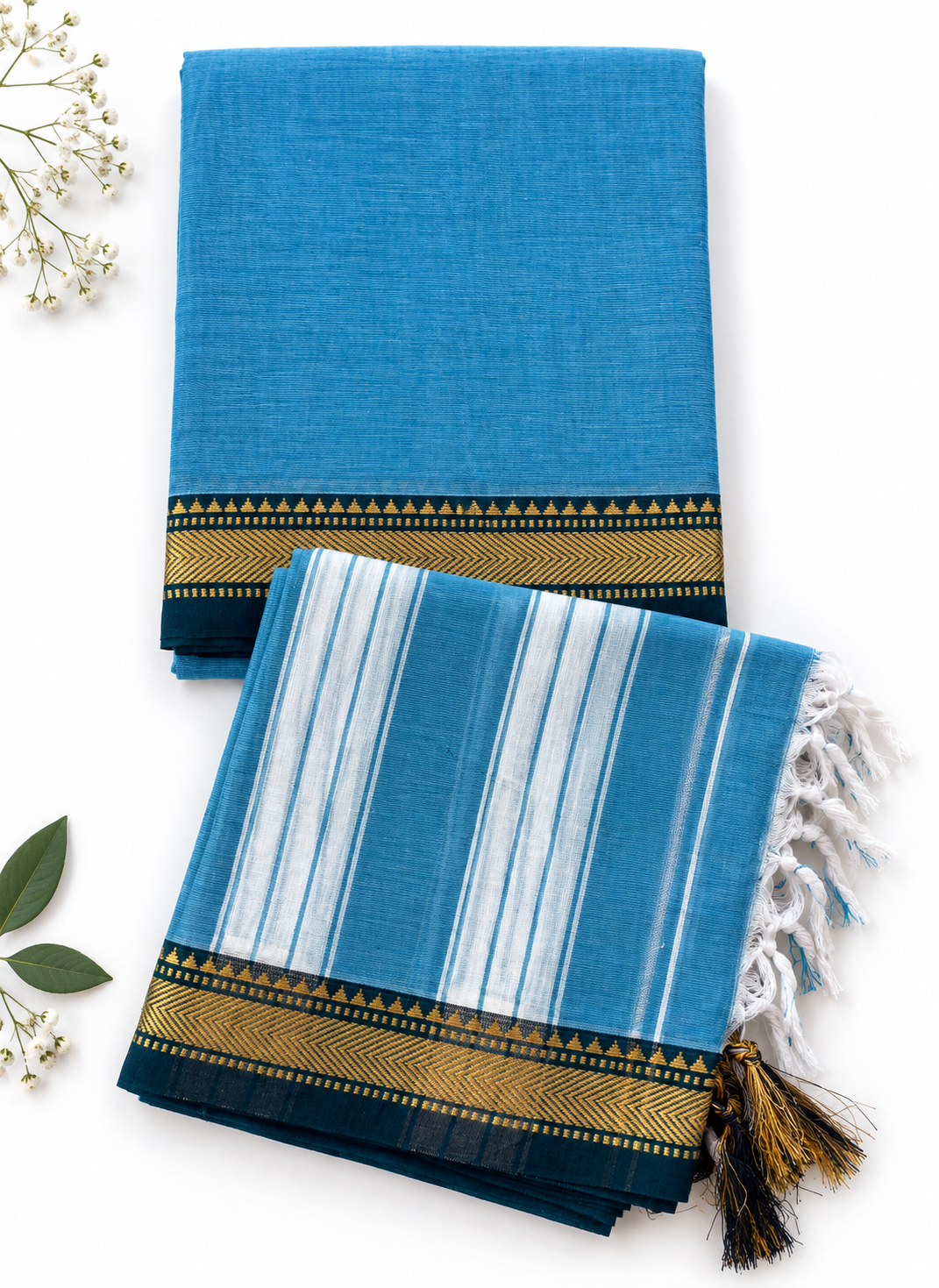 Traditional Narayanpet Mercerised Cotton Dress Material in Sky Blue | Dark Green Woven Border