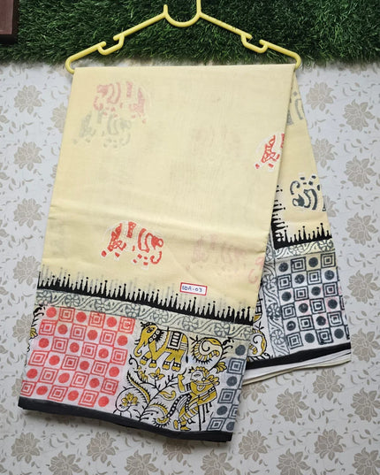 Vasundhara 120count Printed Cotton Saree with Pastal Yellow colour