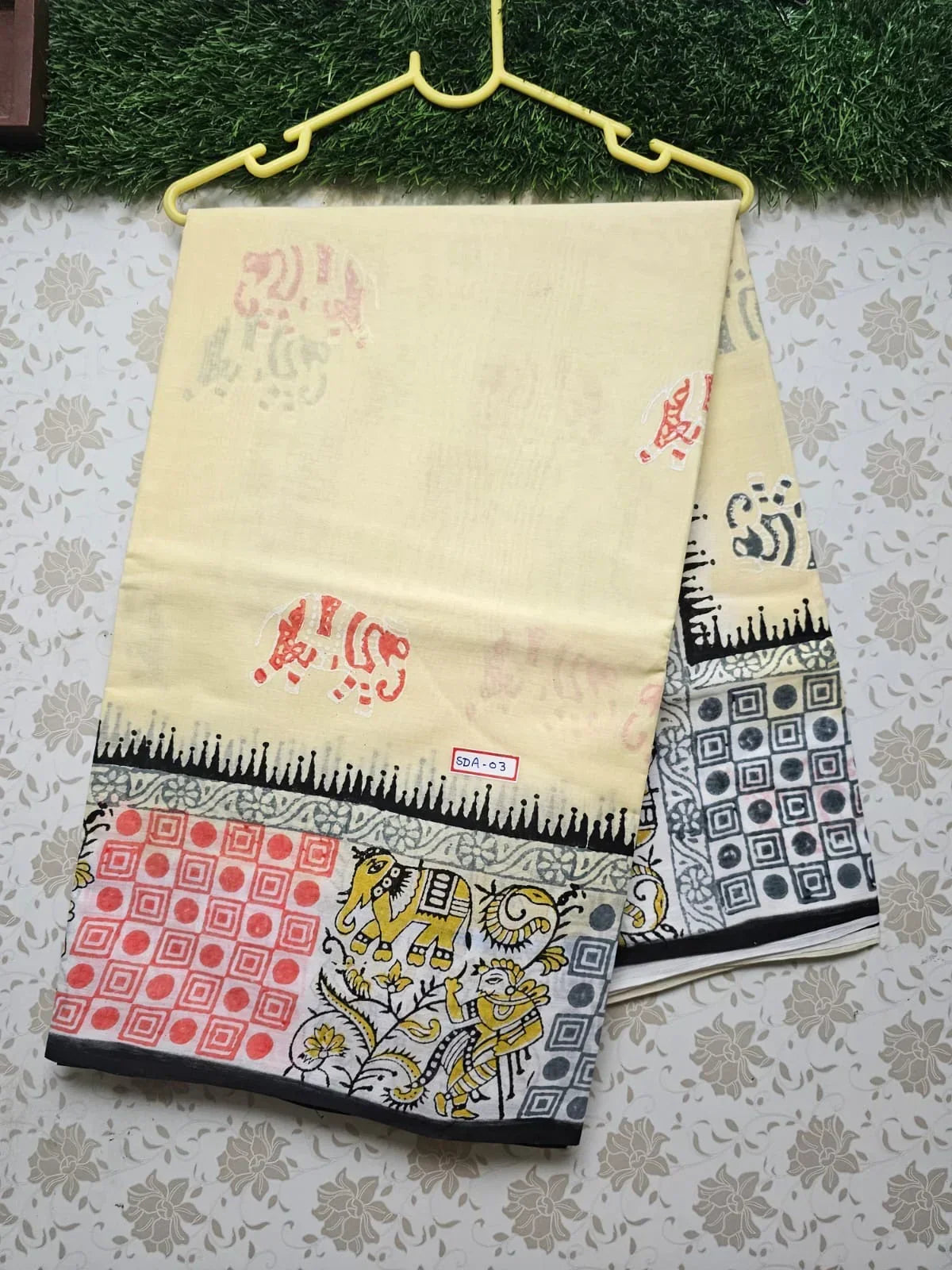 Vasundhara 120count Printed Cotton Saree with Pastal Yellow colour