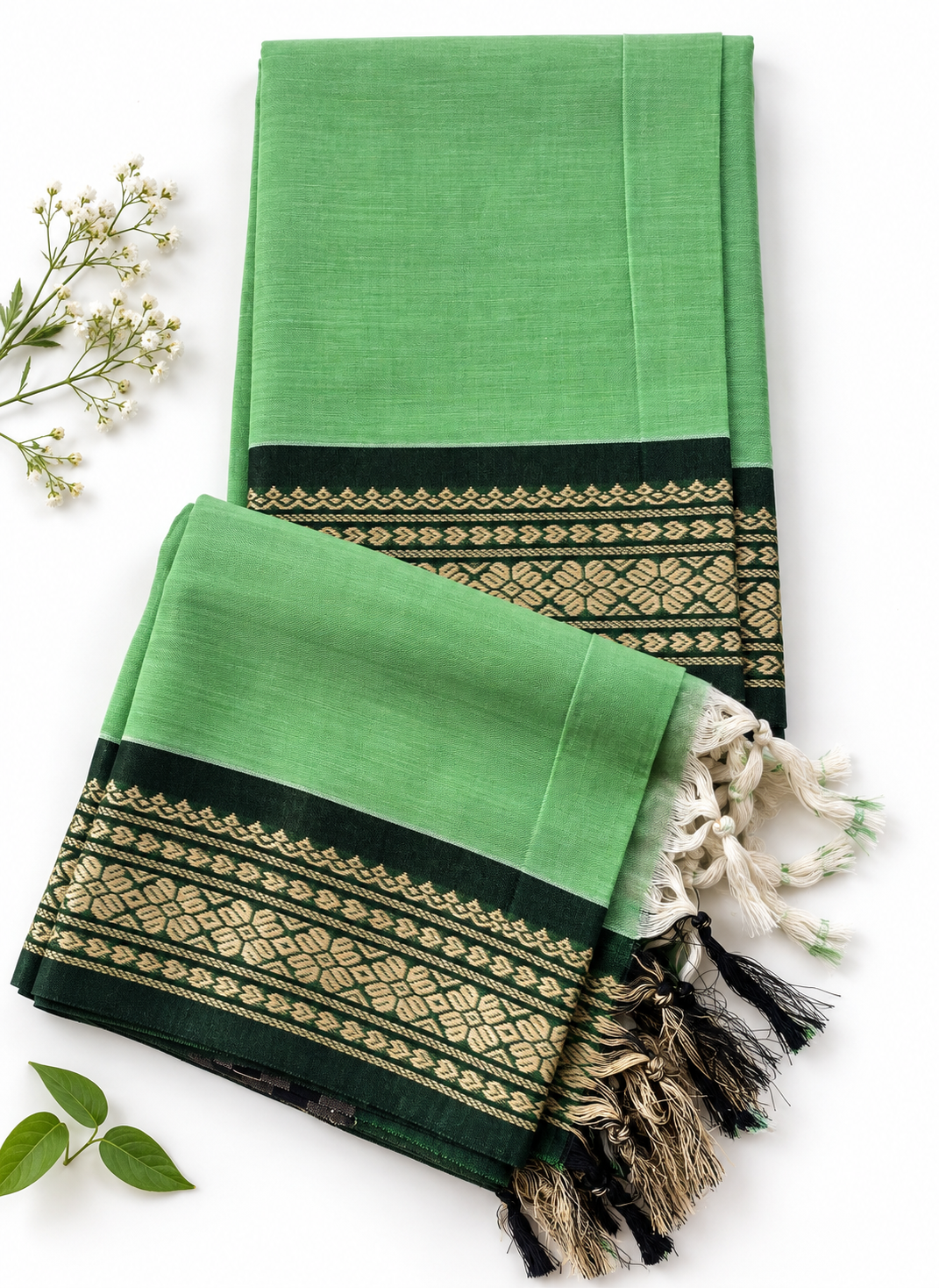 Traditional Narayanpet Mercerised Cotton Dress Material in Mint Green | Dark Green Woven Border