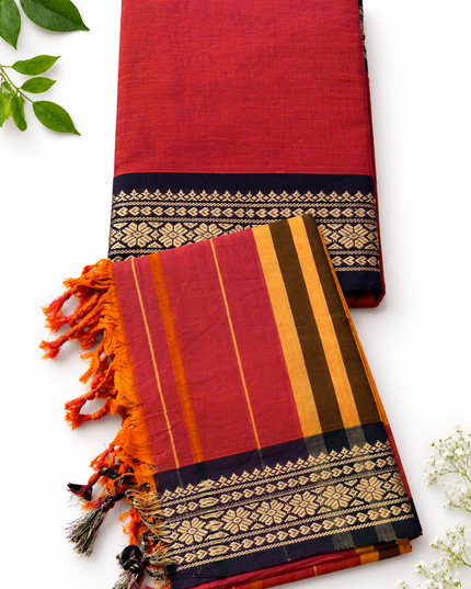 Traditional Wear Narayanpet Mercerised Cotton Dress Material with Brick Red Colour | Woven Border