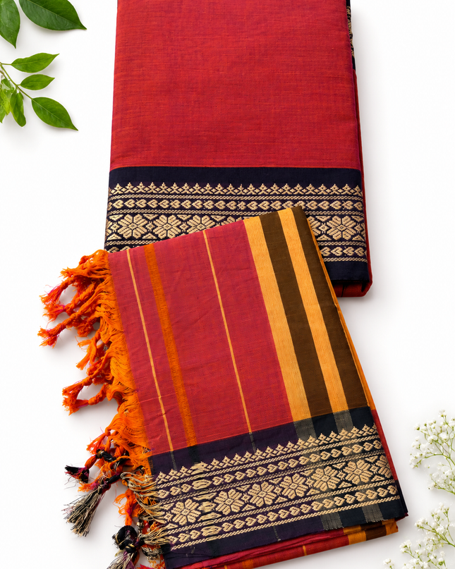Traditional Wear Narayanpet Mercerised Cotton Dress Material with Brick Red Colour | Woven Border