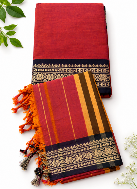 Traditional Wear Narayanpet Mercerised Cotton Dress Material with Brick Red Colour | Woven Border