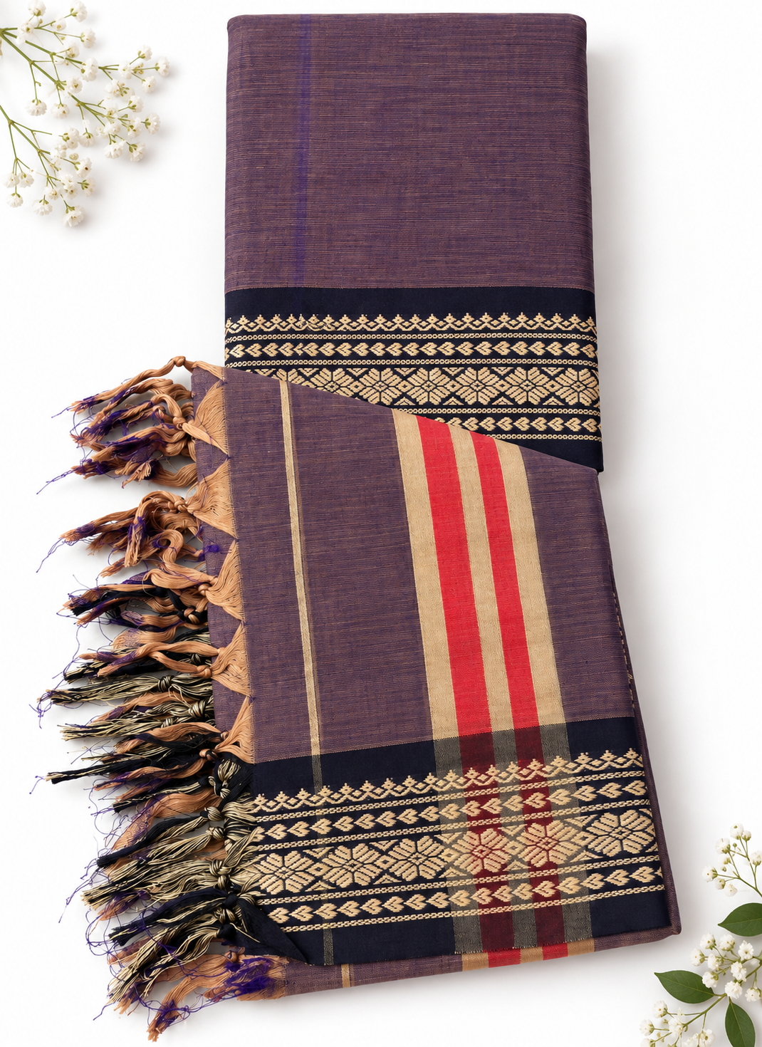Traditional Narayanpet Mercerised Cotton Dress Material in Dusty Purple | Black Woven Border