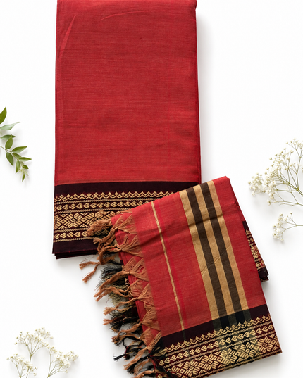 Traditional Wear Narayanpet Mercerised Cotton Dress Material with Brick Red Colour | Woven Border