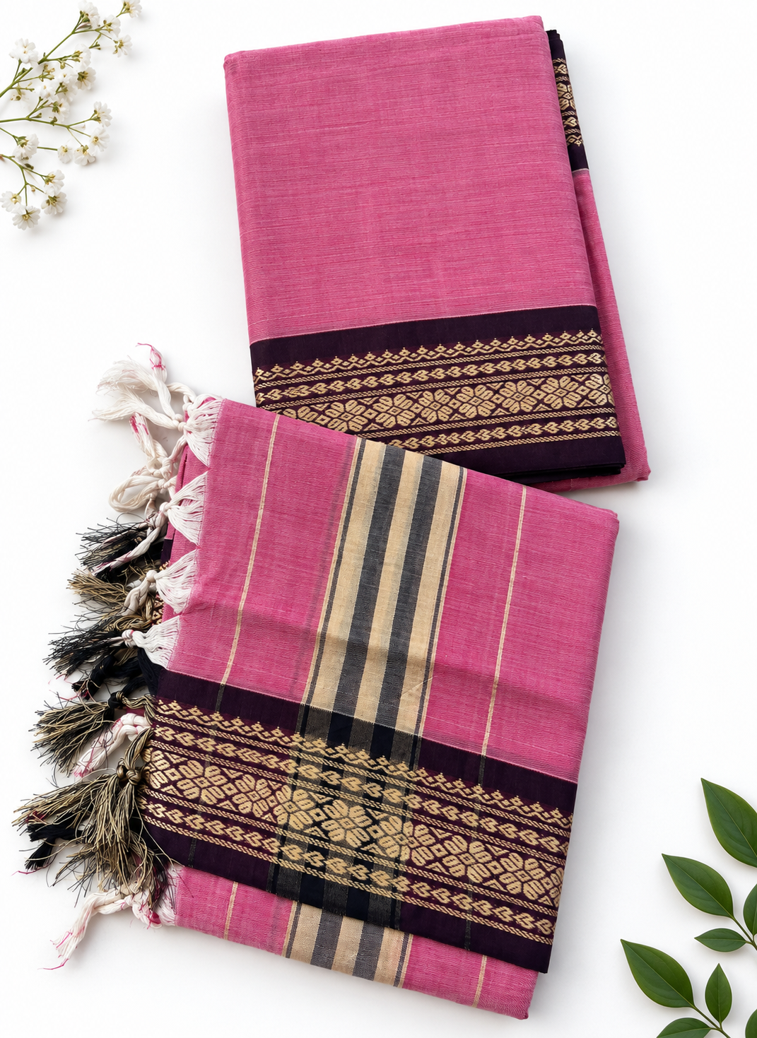 Traditional Narayanpet Mercerised Cotton Dress Material in Rose Pink | Deep Plum Woven Border