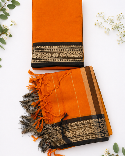 Traditional Wear Narayanpet Mercerised Cotton Dress Material with Orange Colour | Woven Border