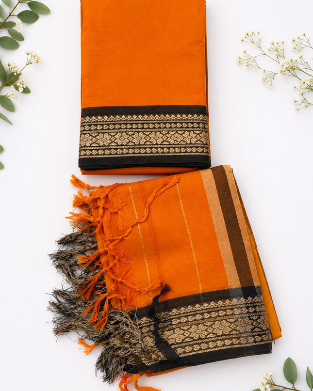 Traditional Wear Narayanpet Mercerised Cotton Dress Material with Orange Colour | Woven Border