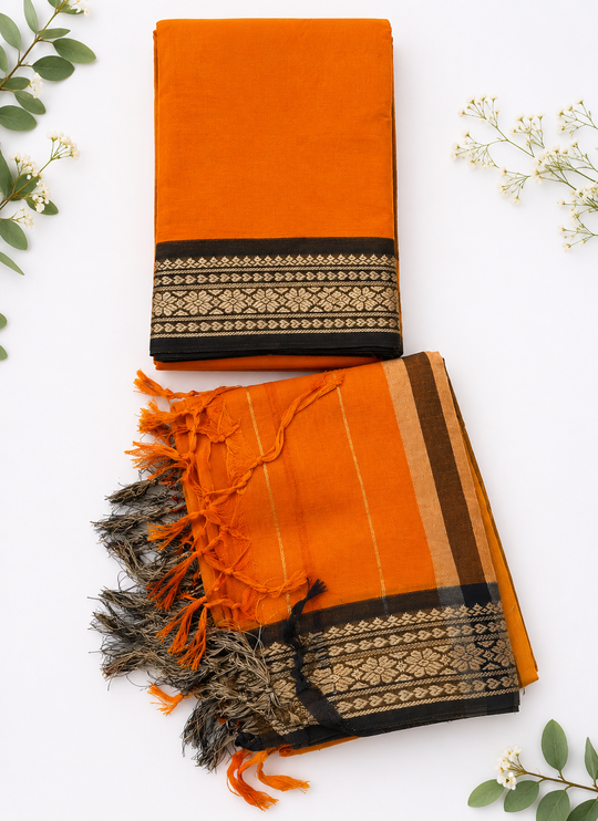 Traditional Wear Narayanpet Mercerised Cotton Dress Material with Orange Colour | Woven Border