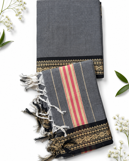 Traditional Wear Narayanpet Mercerised Cotton Dress Material with Charcoal Grey Colour | Woven Border