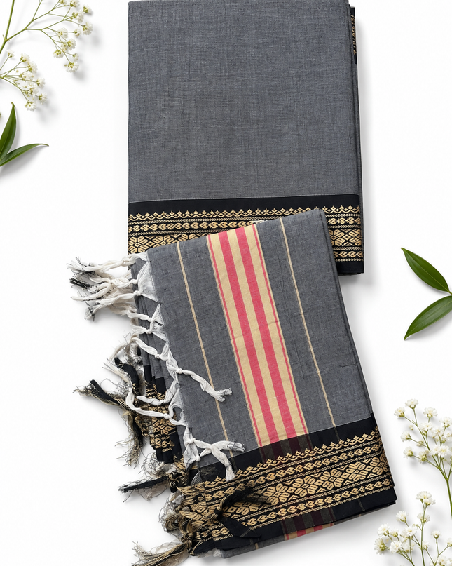 Traditional Wear Narayanpet Mercerised Cotton Dress Material with Charcoal Grey Colour | Woven Border