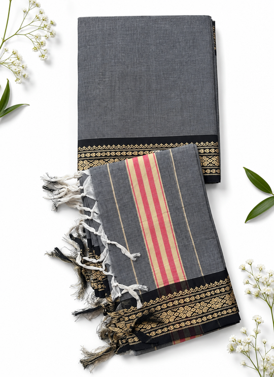 Traditional Wear Narayanpet Mercerised Cotton Dress Material with Charcoal Grey Colour | Woven Border