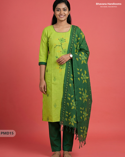 Ready-to-Wear Floral Print 3PC Kurti Set with Mirror Work | Parrot Green colour