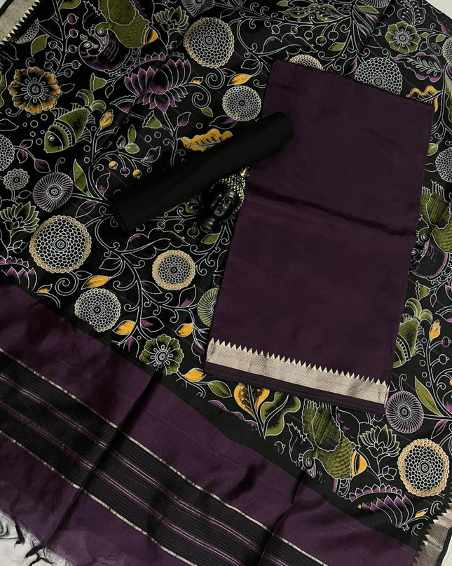 Mangalagiri Semi Pattu Dress Material with Zari Border – Dark Wine Colour