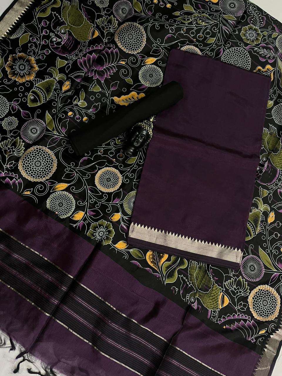 Mangalagiri Semi Pattu Dress Material with Zari Border – Dark Wine Colour