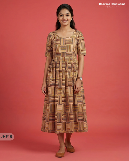 Kalamkari Design Frock – Brown & Multi Colour | Handloom Ethnic Wear with Half Lining