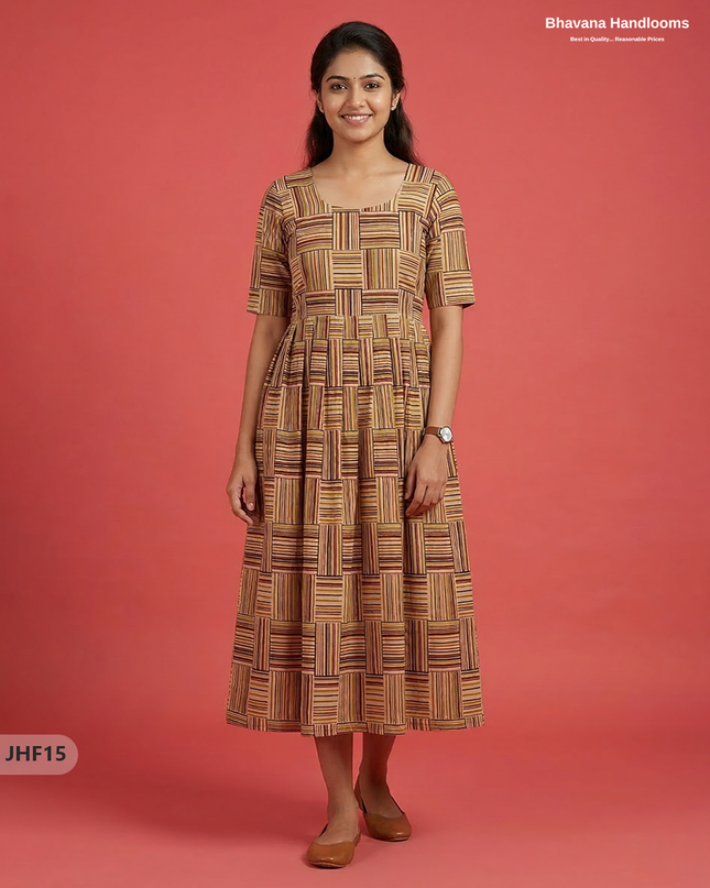 Kalamkari Design Frock – Brown & Multi Colour | Handloom Ethnic Wear with Half Lining