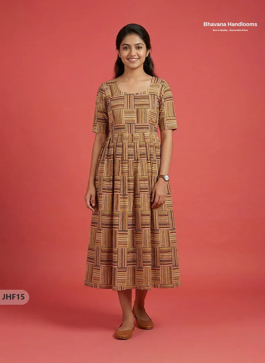 Kalamkari Design Frock – Brown & Multi Colour | Handloom Ethnic Wear with Half Lining