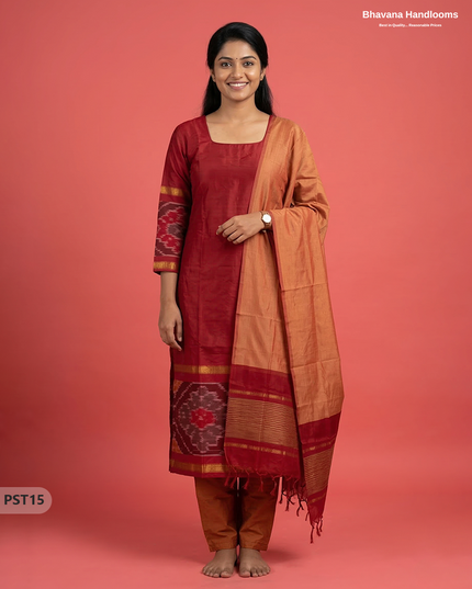 Pochampally Semi Pattu 3PC Kurti Set in Red Colour | Ready-to-Wear Ethnic Wear