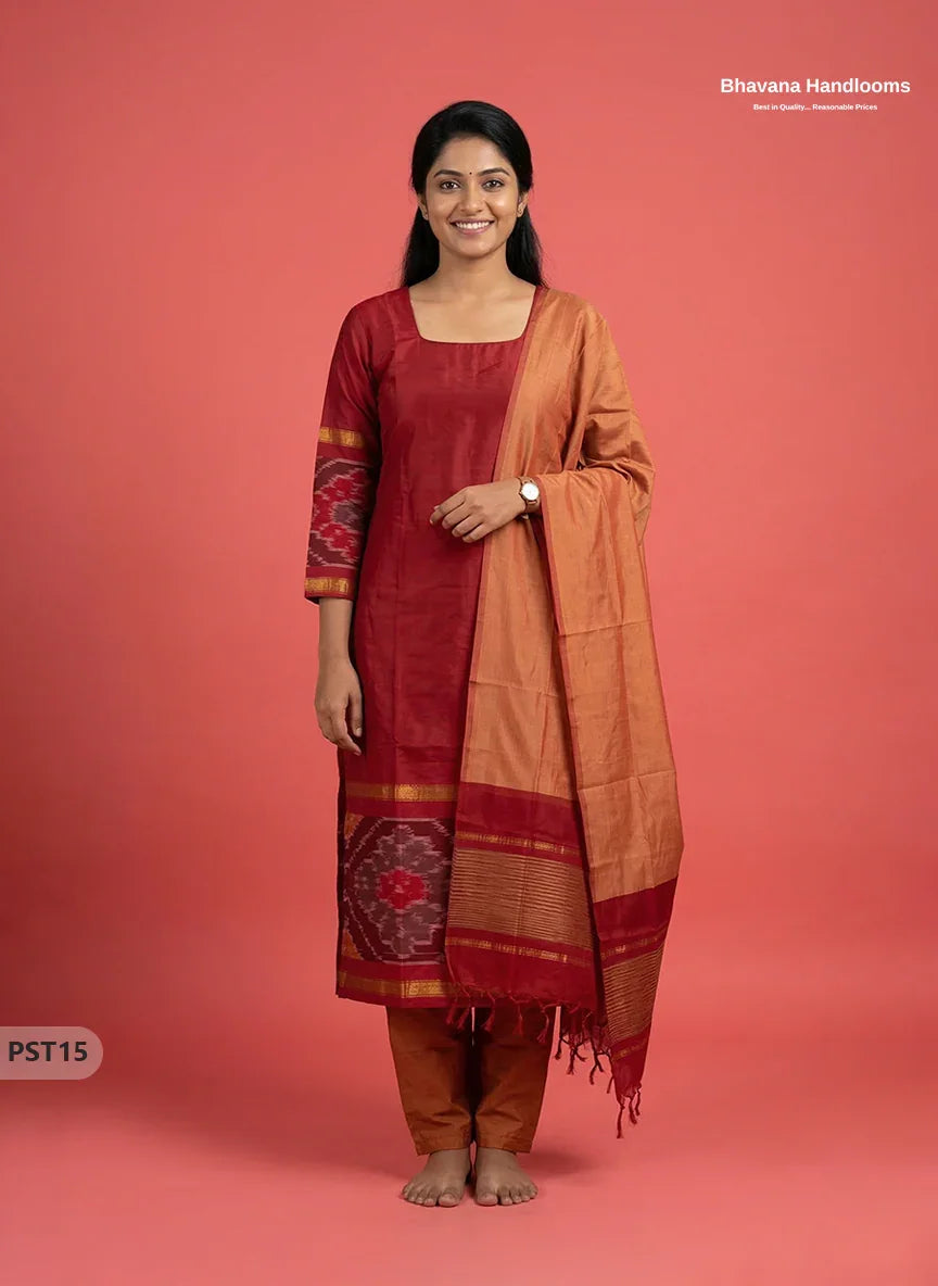 Pochampally Semi Pattu 3PC Kurti Set in Red Colour | Ready-to-Wear Ethnic Wear