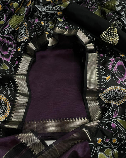 Mangalagiri Semi Pattu Dress Material with Zari Border – Dark Wine Colour
