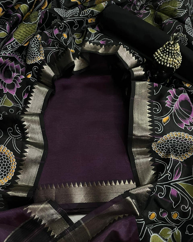 Mangalagiri Semi Pattu Dress Material with Zari Border – Dark Wine Colour