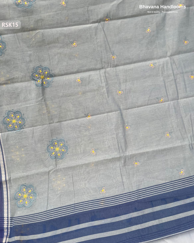 Khadi Applic Work Soft Cotton Saree in Gray with blouse | Bhavana Handlooms