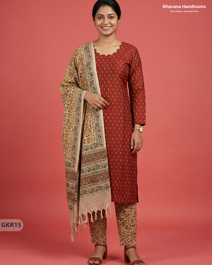 Raw Silk 3PC Kurti Set with Kalamkari Dupatta & Elastic Bottom in Orange Colour | Ethnic Wear
