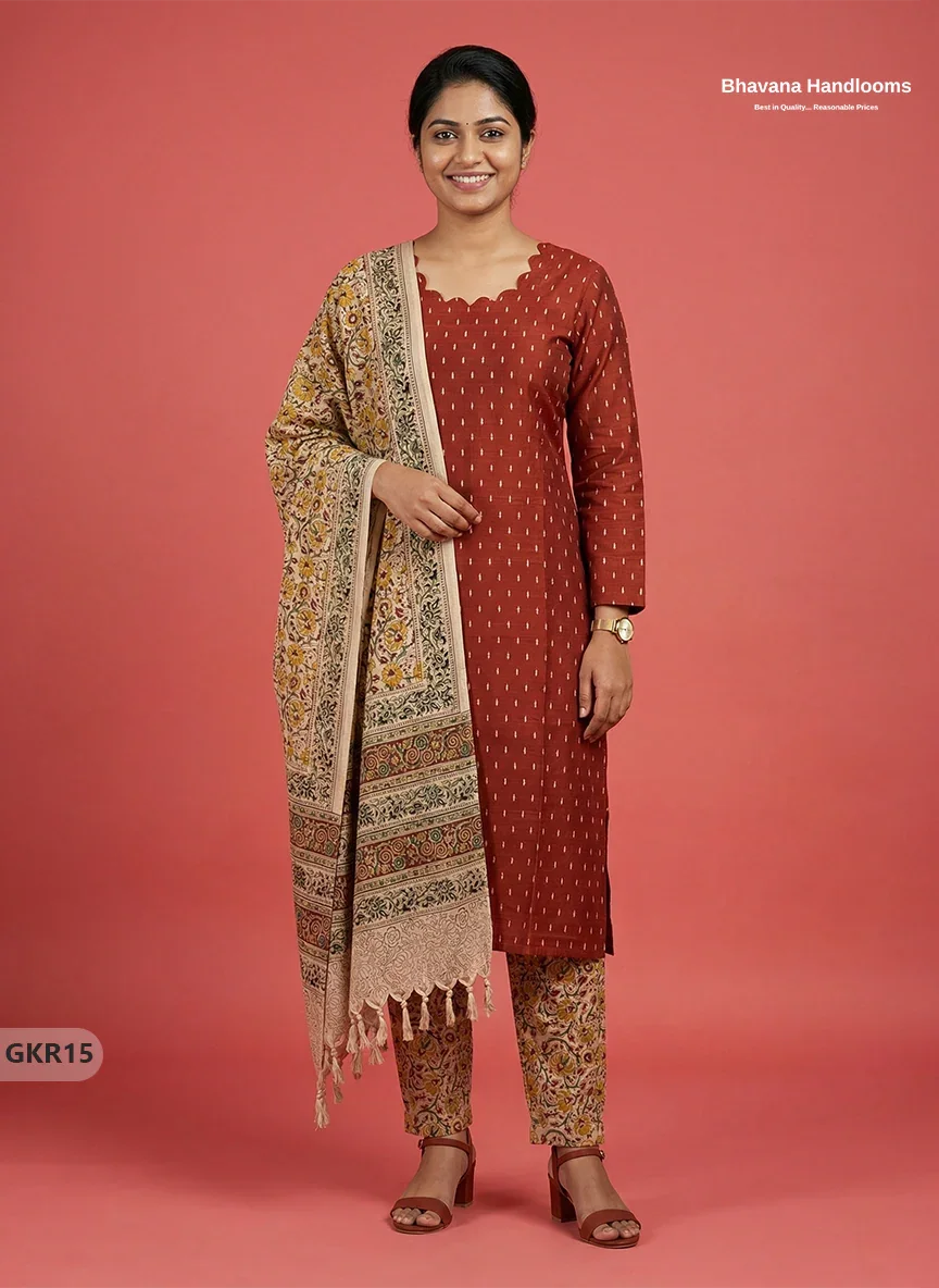 Raw Silk 3PC Kurti Set with Kalamkari Dupatta & Elastic Bottom in Orange Colour | Ethnic Wear