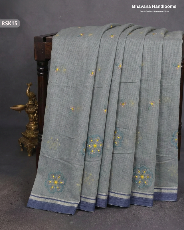 Khadi Applic Work Soft Cotton Saree in Gray with blouse | Bhavana Handlooms