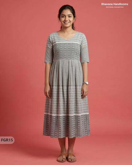 Summer Special Premium Cotton Handloom Frock with Woven Design | Half White Colour