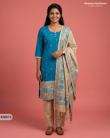 Designer Printed Cotton Floral 3PC Kurti Set in Peacock Blue Colour | Full-Length Lining | Ready-to-Wear