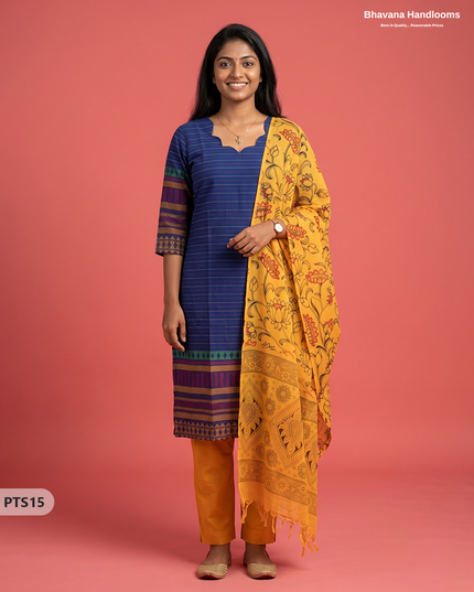 Jacquard 3PC Kurti Set in Royal Blue Colour with Designer Mustard Yellow Printed Dupatta and Elastic Bottom | Ready to Wea